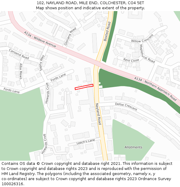 102, NAYLAND ROAD, MILE END, COLCHESTER, CO4 5ET: Location map and indicative extent of plot