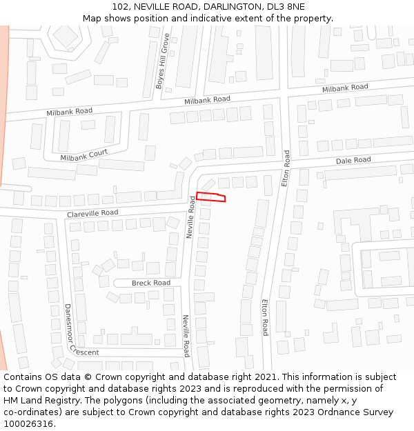 102, NEVILLE ROAD, DARLINGTON, DL3 8NE: Location map and indicative extent of plot