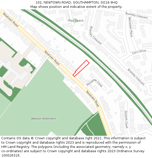 102, NEWTOWN ROAD, SOUTHAMPTON, SO19 9HQ: Location map and indicative extent of plot