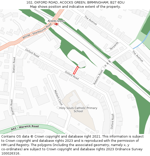 102, OXFORD ROAD, ACOCKS GREEN, BIRMINGHAM, B27 6DU: Location map and indicative extent of plot