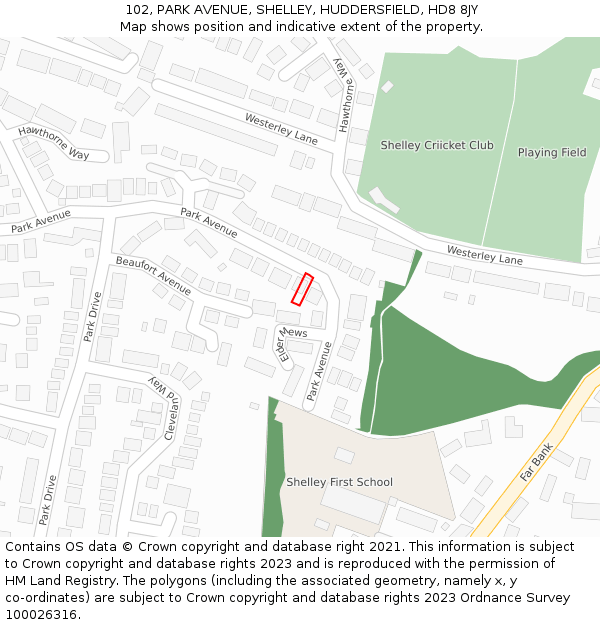 102, PARK AVENUE, SHELLEY, HUDDERSFIELD, HD8 8JY: Location map and indicative extent of plot