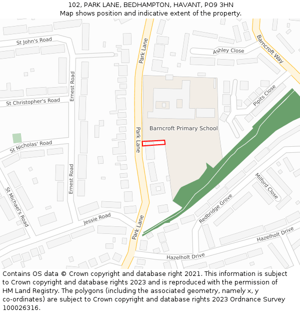 102, PARK LANE, BEDHAMPTON, HAVANT, PO9 3HN: Location map and indicative extent of plot