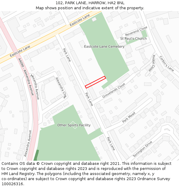 102, PARK LANE, HARROW, HA2 8NL: Location map and indicative extent of plot