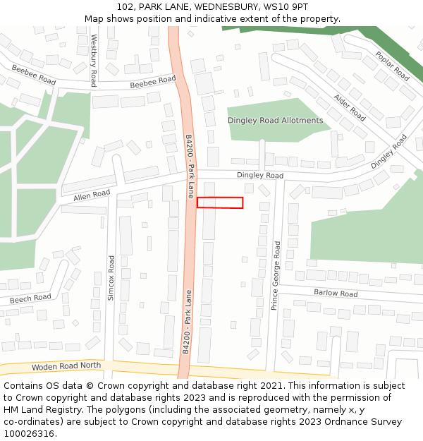 102, PARK LANE, WEDNESBURY, WS10 9PT: Location map and indicative extent of plot