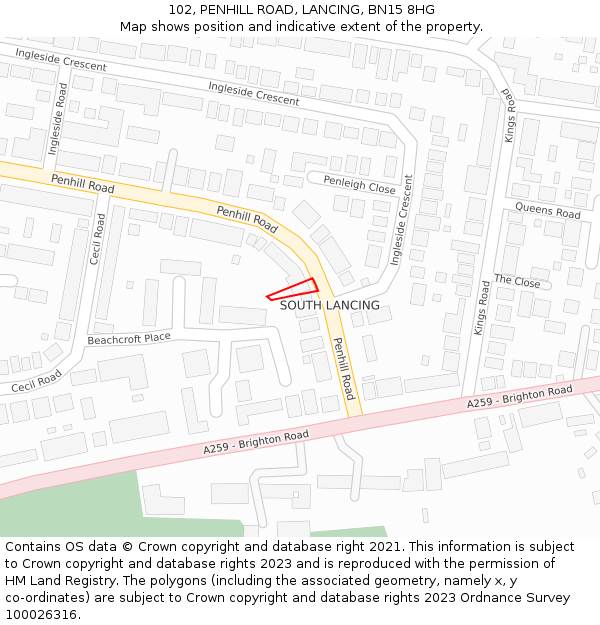 102, PENHILL ROAD, LANCING, BN15 8HG: Location map and indicative extent of plot