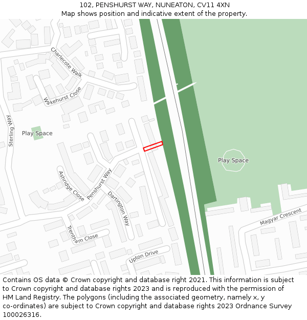 102, PENSHURST WAY, NUNEATON, CV11 4XN: Location map and indicative extent of plot