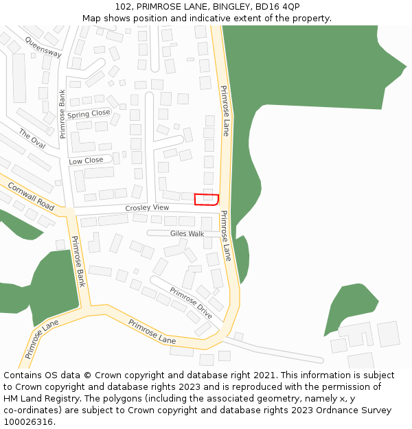 102, PRIMROSE LANE, BINGLEY, BD16 4QP: Location map and indicative extent of plot