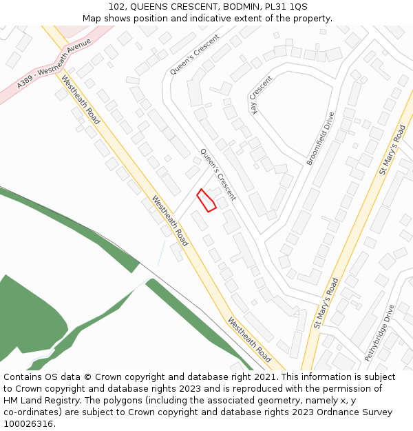 102, QUEENS CRESCENT, BODMIN, PL31 1QS: Location map and indicative extent of plot