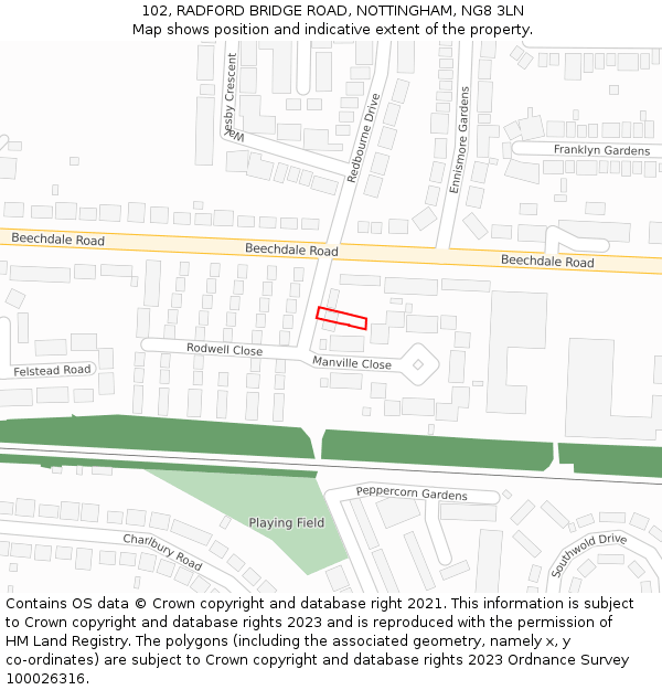 102, RADFORD BRIDGE ROAD, NOTTINGHAM, NG8 3LN: Location map and indicative extent of plot