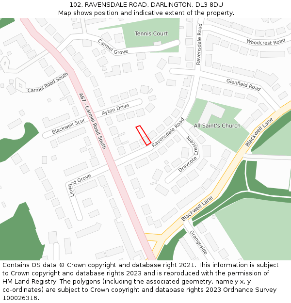 102, RAVENSDALE ROAD, DARLINGTON, DL3 8DU: Location map and indicative extent of plot