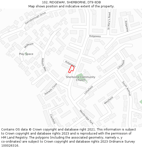 102, RIDGEWAY, SHERBORNE, DT9 6DB: Location map and indicative extent of plot