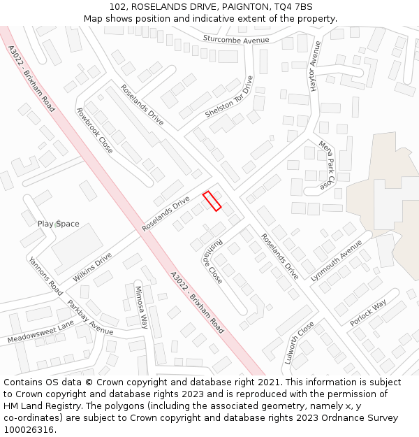 102, ROSELANDS DRIVE, PAIGNTON, TQ4 7BS: Location map and indicative extent of plot