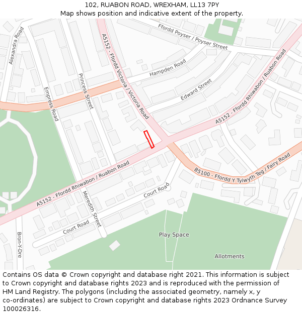 102, RUABON ROAD, WREXHAM, LL13 7PY: Location map and indicative extent of plot