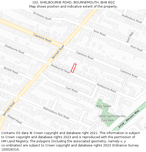 102, SHELBOURNE ROAD, BOURNEMOUTH, BH8 8QZ: Location map and indicative extent of plot