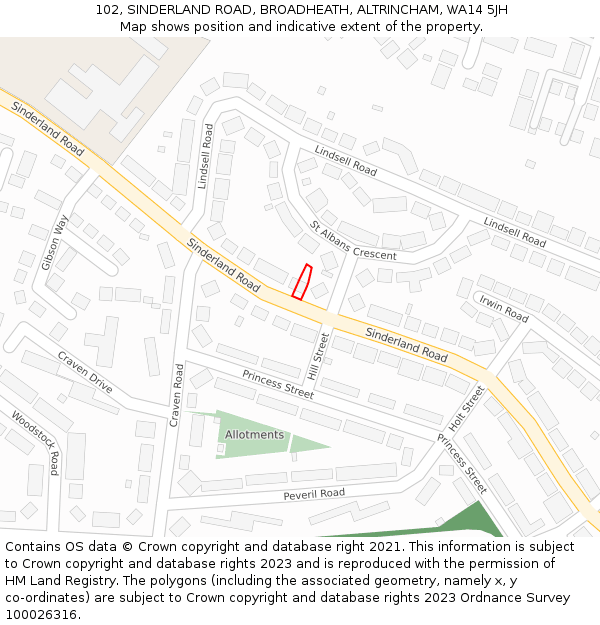 102, SINDERLAND ROAD, BROADHEATH, ALTRINCHAM, WA14 5JH: Location map and indicative extent of plot