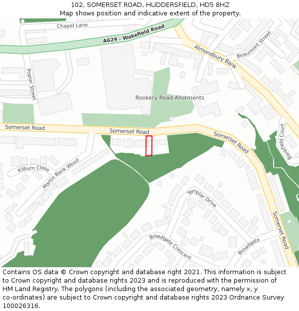 102, SOMERSET ROAD, HUDDERSFIELD, HD5 8HZ: Location map and indicative extent of plot