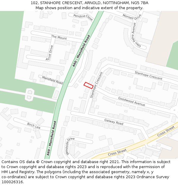 102, STANHOPE CRESCENT, ARNOLD, NOTTINGHAM, NG5 7BA: Location map and indicative extent of plot