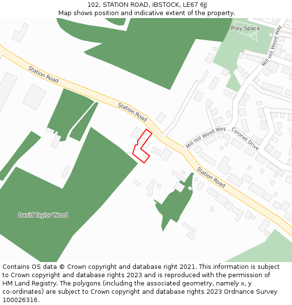 102, STATION ROAD, IBSTOCK, LE67 6JJ: Location map and indicative extent of plot