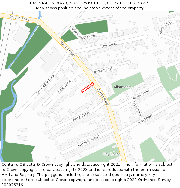 102, STATION ROAD, NORTH WINGFIELD, CHESTERFIELD, S42 5JE: Location map and indicative extent of plot