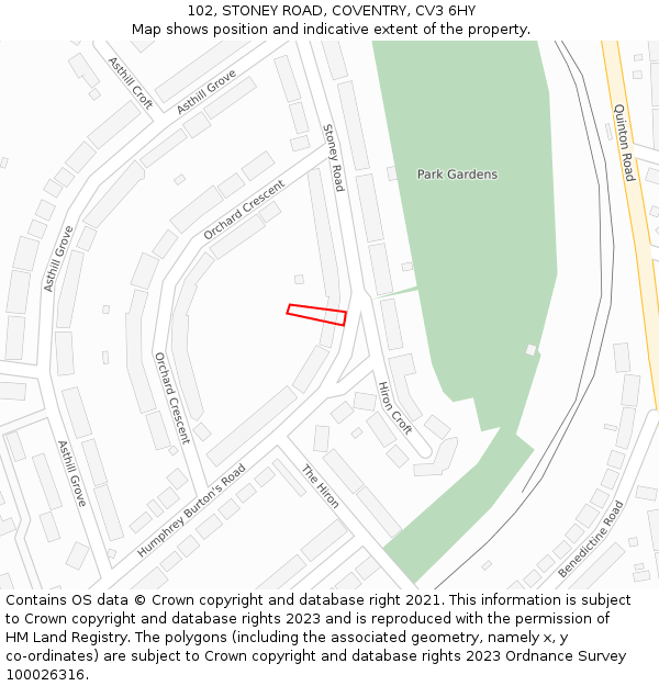 102, STONEY ROAD, COVENTRY, CV3 6HY: Location map and indicative extent of plot