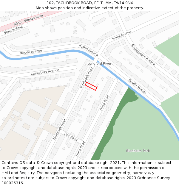 102, TACHBROOK ROAD, FELTHAM, TW14 9NX: Location map and indicative extent of plot