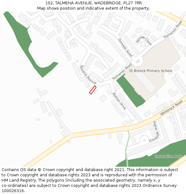 102, TALMENA AVENUE, WADEBRIDGE, PL27 7RR: Location map and indicative extent of plot