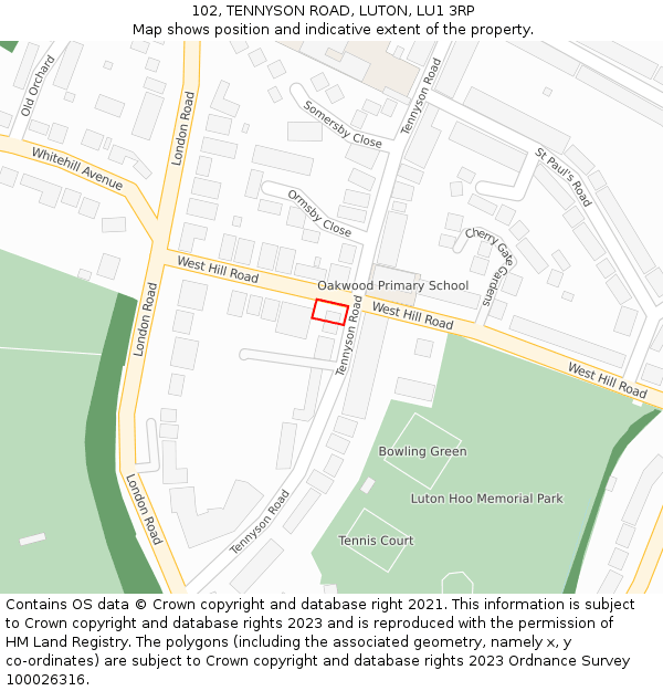 102, TENNYSON ROAD, LUTON, LU1 3RP: Location map and indicative extent of plot