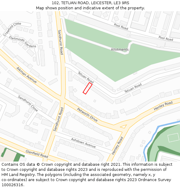 102, TETUAN ROAD, LEICESTER, LE3 9RS: Location map and indicative extent of plot