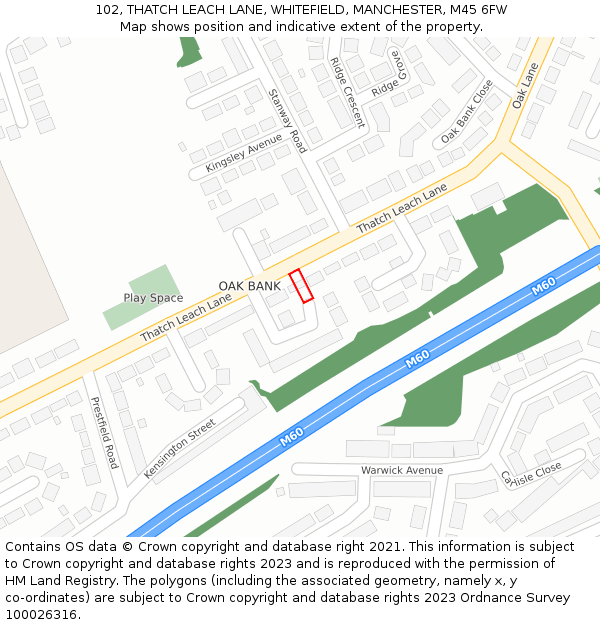 102, THATCH LEACH LANE, WHITEFIELD, MANCHESTER, M45 6FW: Location map and indicative extent of plot