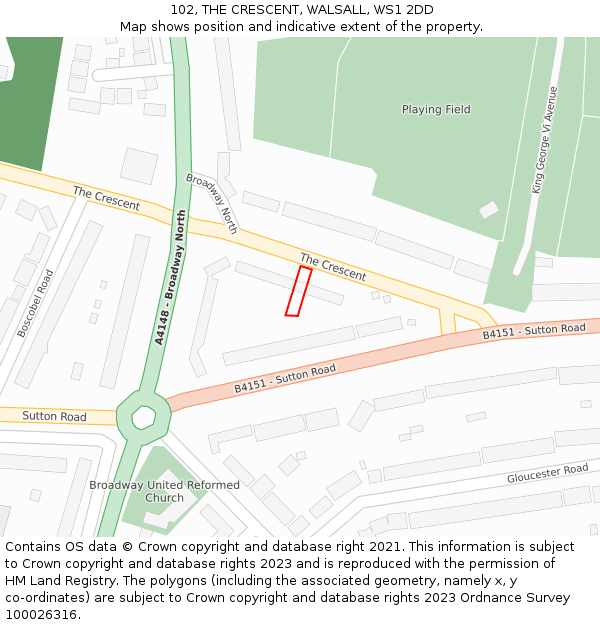 102, THE CRESCENT, WALSALL, WS1 2DD: Location map and indicative extent of plot