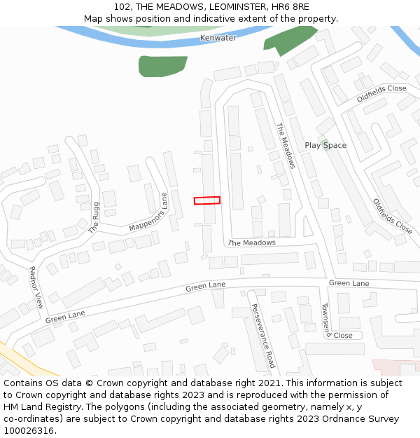 102, THE MEADOWS, LEOMINSTER, HR6 8RE: Location map and indicative extent of plot