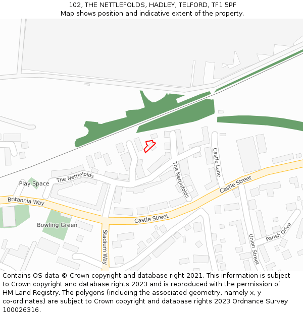 102, THE NETTLEFOLDS, HADLEY, TELFORD, TF1 5PF: Location map and indicative extent of plot
