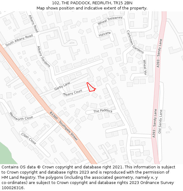 102, THE PADDOCK, REDRUTH, TR15 2BN: Location map and indicative extent of plot