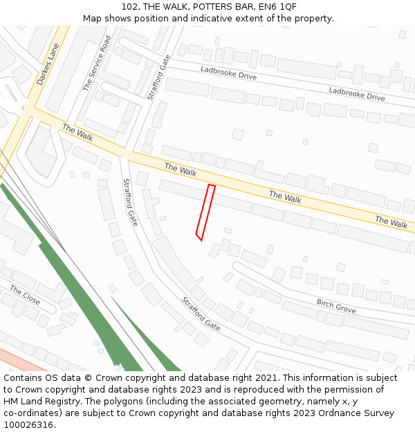 102, THE WALK, POTTERS BAR, EN6 1QF: Location map and indicative extent of plot