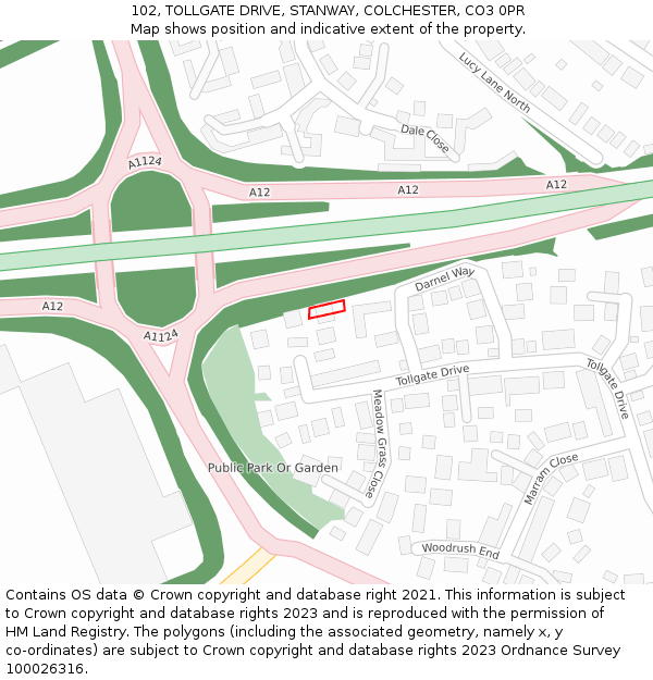 102, TOLLGATE DRIVE, STANWAY, COLCHESTER, CO3 0PR: Location map and indicative extent of plot