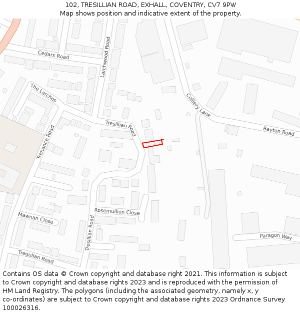 102, TRESILLIAN ROAD, EXHALL, COVENTRY, CV7 9PW: Location map and indicative extent of plot