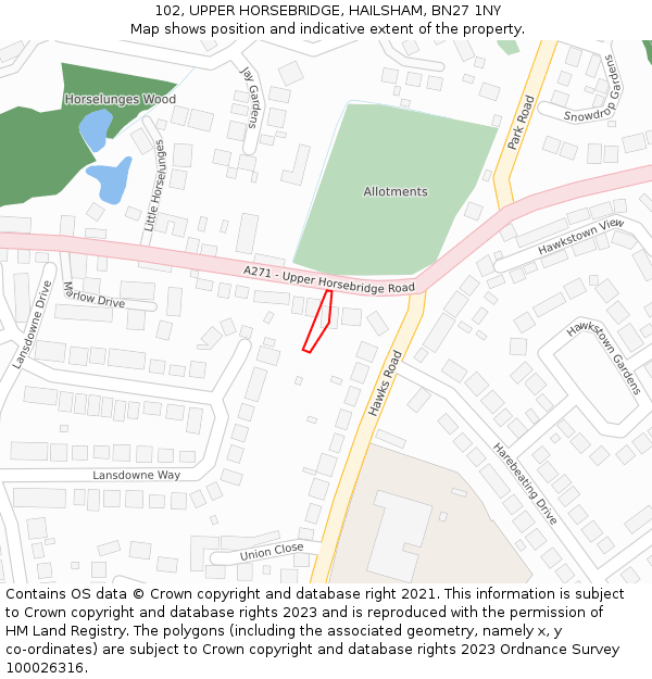 102, UPPER HORSEBRIDGE, HAILSHAM, BN27 1NY: Location map and indicative extent of plot