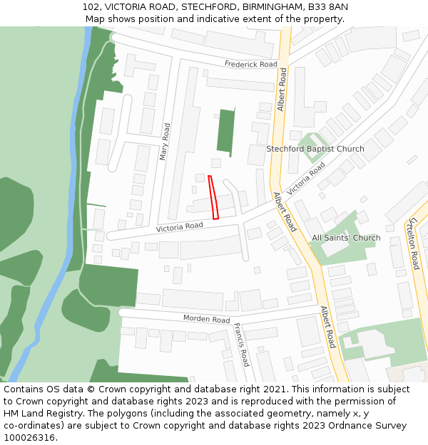 102, VICTORIA ROAD, STECHFORD, BIRMINGHAM, B33 8AN: Location map and indicative extent of plot