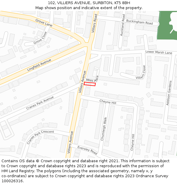 102, VILLIERS AVENUE, SURBITON, KT5 8BH: Location map and indicative extent of plot