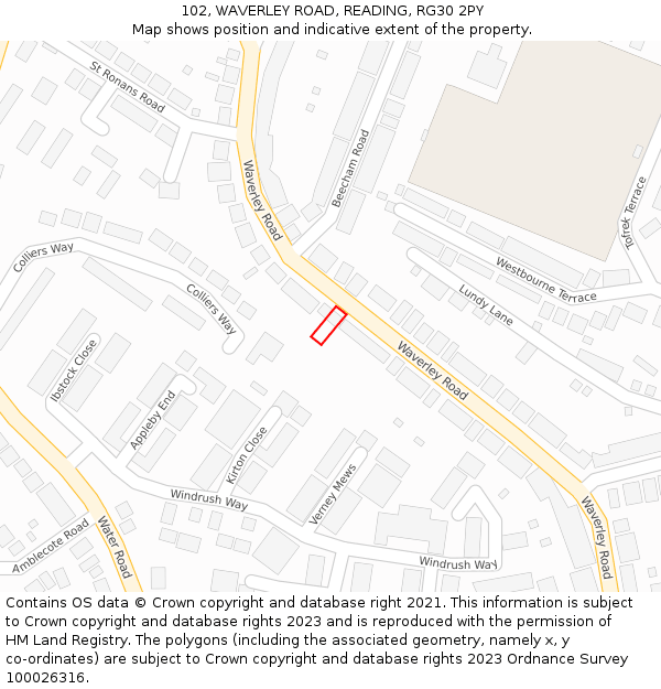 102, WAVERLEY ROAD, READING, RG30 2PY: Location map and indicative extent of plot