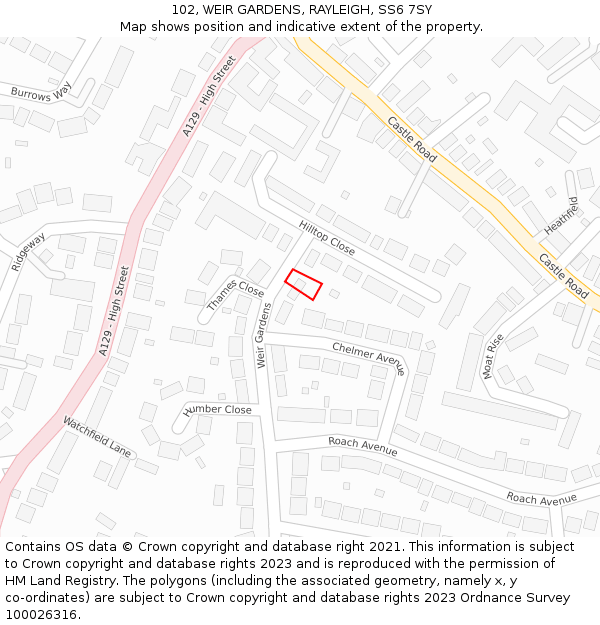 102, WEIR GARDENS, RAYLEIGH, SS6 7SY: Location map and indicative extent of plot