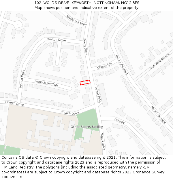 102, WOLDS DRIVE, KEYWORTH, NOTTINGHAM, NG12 5FS: Location map and indicative extent of plot
