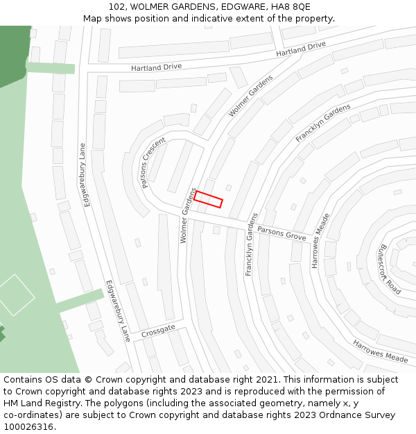 102, WOLMER GARDENS, EDGWARE, HA8 8QE: Location map and indicative extent of plot