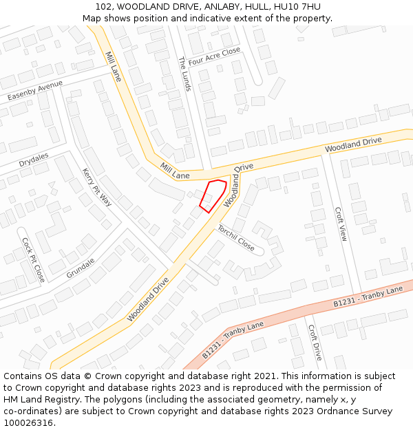 102, WOODLAND DRIVE, ANLABY, HULL, HU10 7HU: Location map and indicative extent of plot