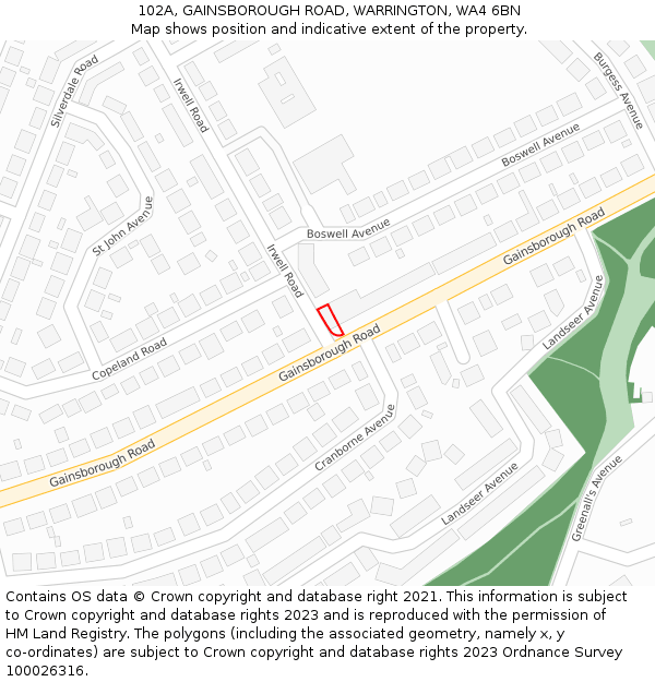 102A, GAINSBOROUGH ROAD, WARRINGTON, WA4 6BN: Location map and indicative extent of plot