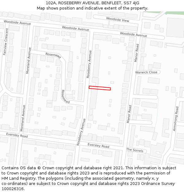 102A, ROSEBERRY AVENUE, BENFLEET, SS7 4JG: Location map and indicative extent of plot