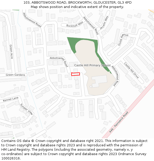 103, ABBOTSWOOD ROAD, BROCKWORTH, GLOUCESTER, GL3 4PD: Location map and indicative extent of plot