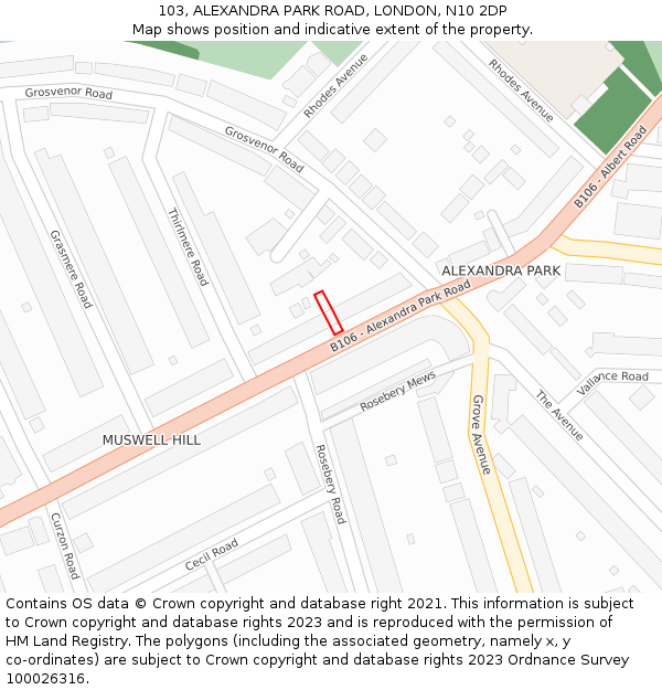 103, ALEXANDRA PARK ROAD, LONDON, N10 2DP: Location map and indicative extent of plot