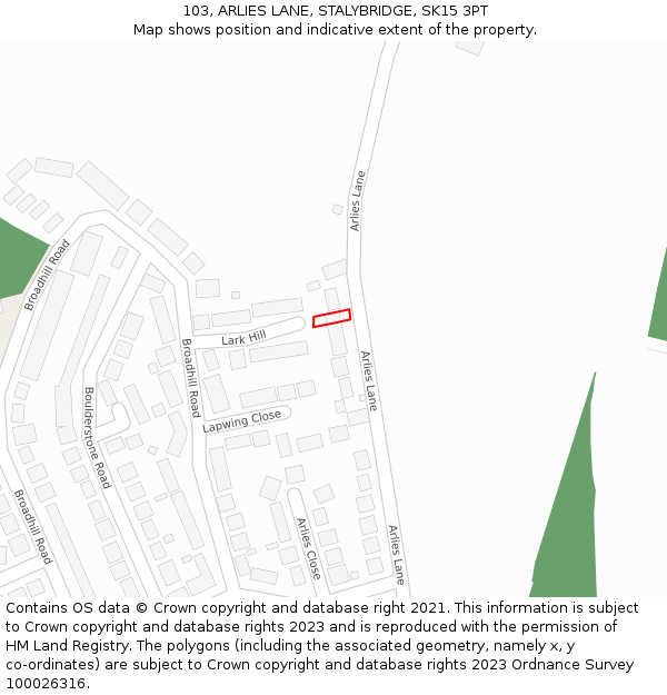 103, ARLIES LANE, STALYBRIDGE, SK15 3PT: Location map and indicative extent of plot