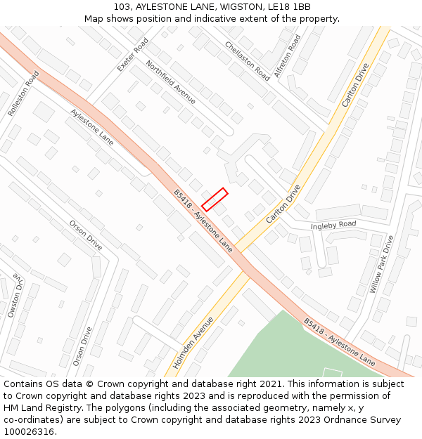 103, AYLESTONE LANE, WIGSTON, LE18 1BB: Location map and indicative extent of plot